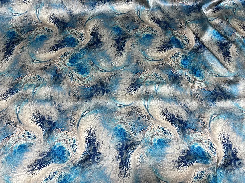 Designer Cloth 19 Momme Real Silk Spandex Satin Clothing Fabric Sapphire Blue Water Pattern Spray Painting Dress DIY