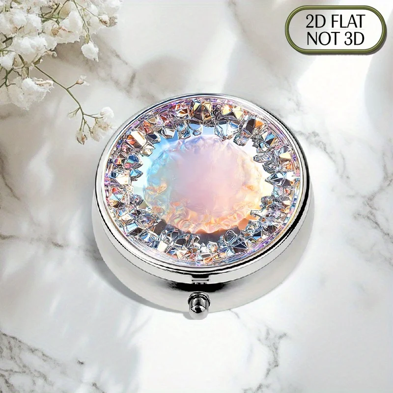 1 piece of flat, portable, round metal pill box, with a circular glass texture, bright colors, and an exquisite circular gemstone border, used for organizing medication, ideal for storing vitamins and small accessories, a perfect summer holiday gift for fathers