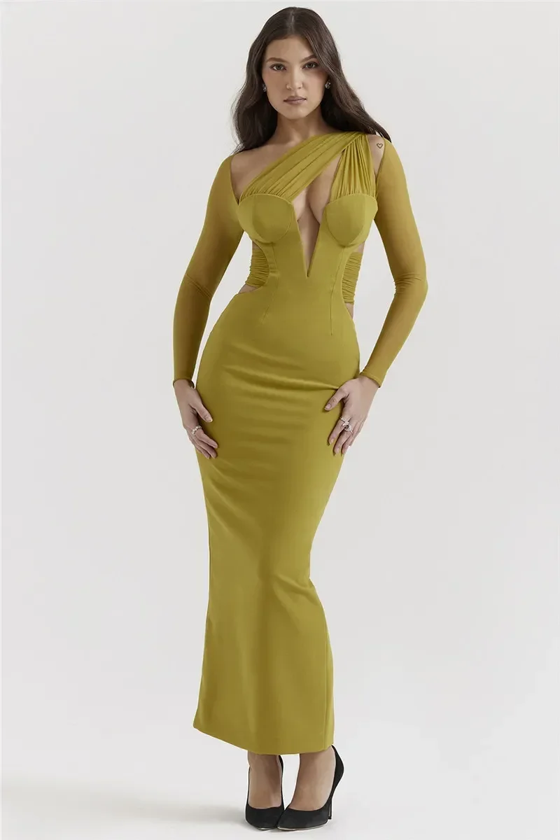 Mulheres Elegante Oco Out Vestido Maxi, Sexy Bodycon, Malha, Manga Pura, Clube, Festa, Impressão, Longa, Novo, Moda, CSM7JY23718