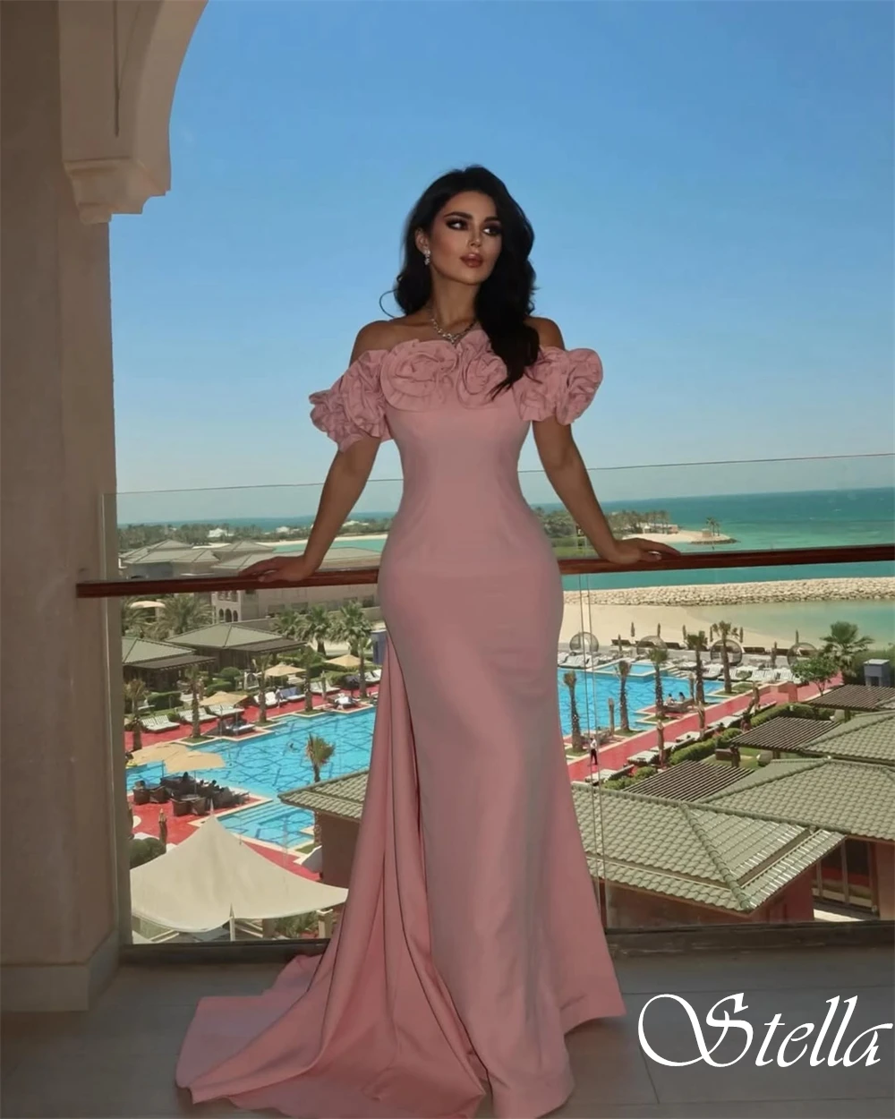 Customized Strapless Short Sleeves Exquisite Evening Dress Mermaid Floor Length Cocktail Dress Watteau Train Luxury Prom Dress