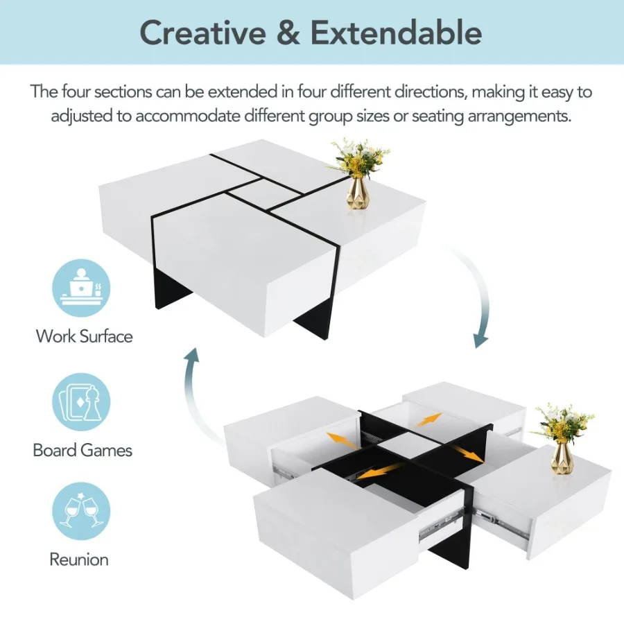 طاولة قهوة بتصميم فريد من نوعه من ON-TREND مع 4 حجرات تخزين مخفية وطاولة كوكتيل مربعة مع سطح منزلق قابل للتمديد U #4