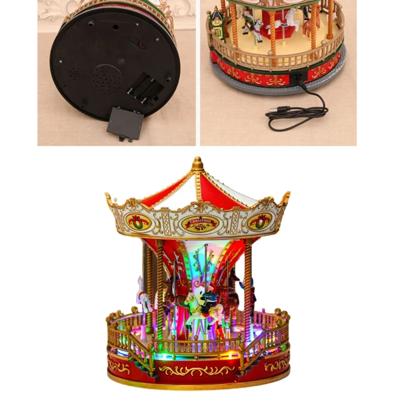 Festival Large Whirligig Horses Music Box Christmas Scene with Lighting Ornmanet