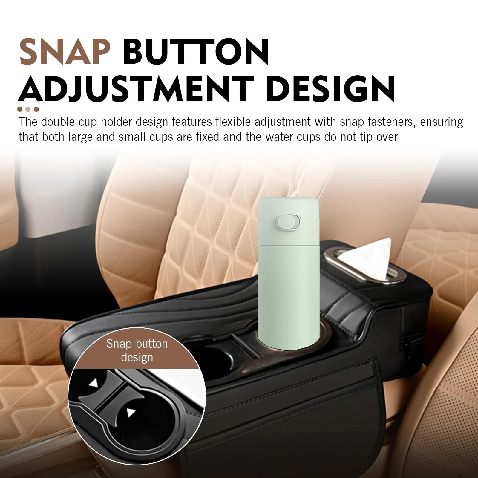 Car Center Console Armrest Cushion with Dual Cup Holders Tissue Box Side Pocket PU Leather Arm Rest Cover for Universal Cars