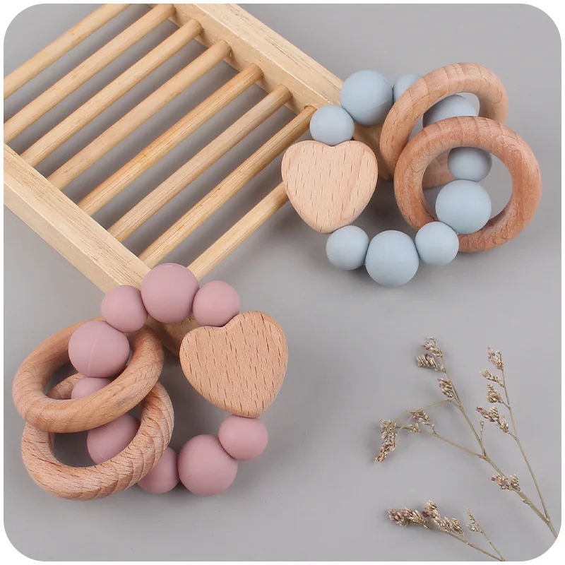 Baby Nursing Bracelets Teether Toys Silicone Beads Wooden Beech Ring Beads Teething Wood Rattles Fidget Toys Newborn Accessories