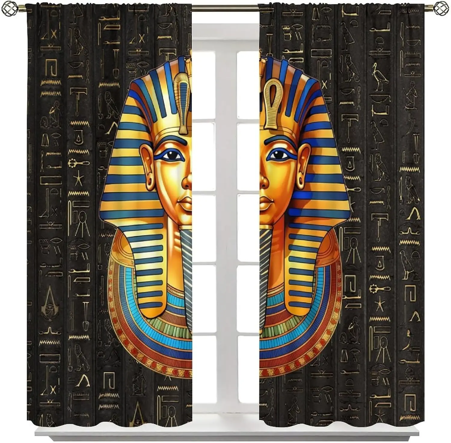 Vintage Ancient Egypt Curtains, Old Egypt Golden Hieroglyphics Print African Pharaoh Theme Window Treatments for Living Room, Eg