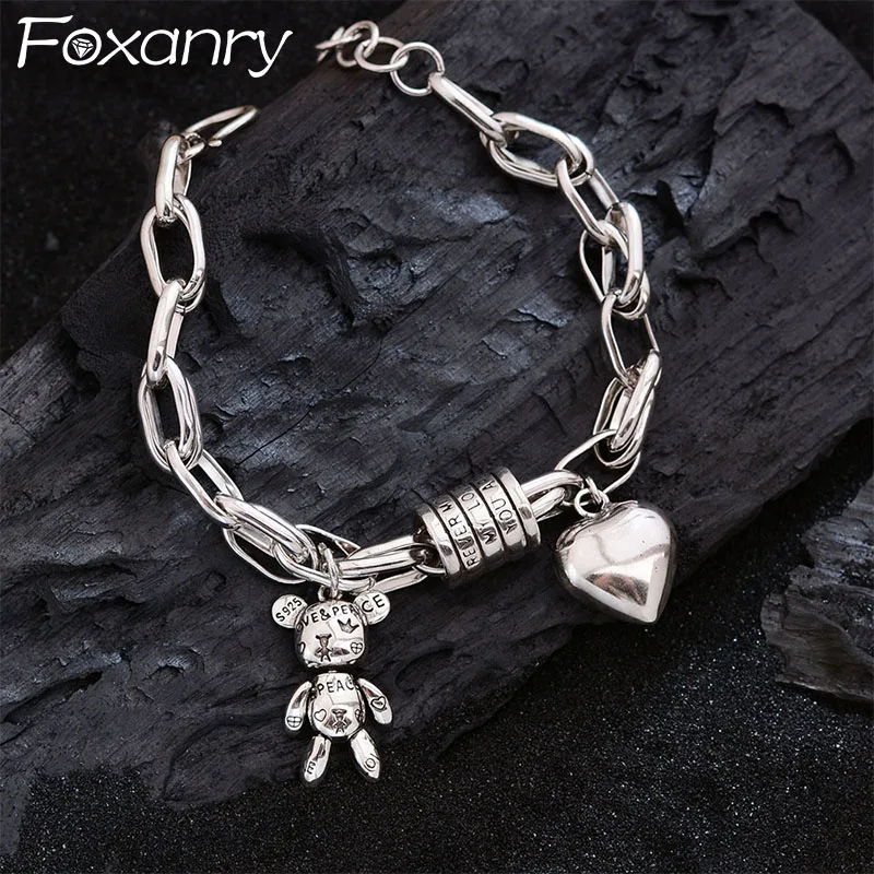 Foxanry Love Heart Bear Pendant Bracelets For Women Girls Vintage Personality Temperament Cute Fashion Daily Party Jewelry Gifts