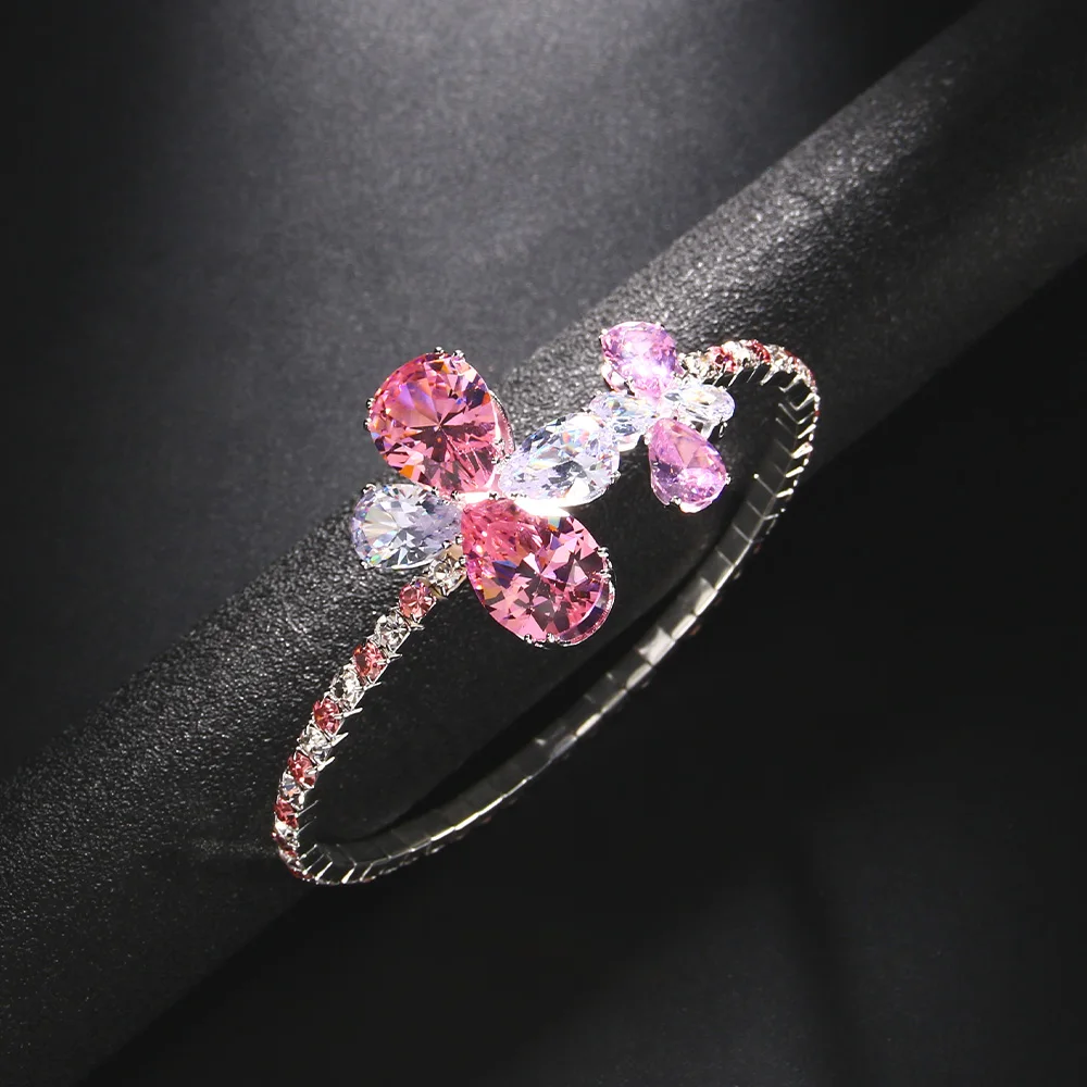 Stonefans Fashion Pink Crystal Flower Bangle Open Bracelet for Women Shiny Rhinestone Bridal Bangle Wedding Hand Jewelry Gift