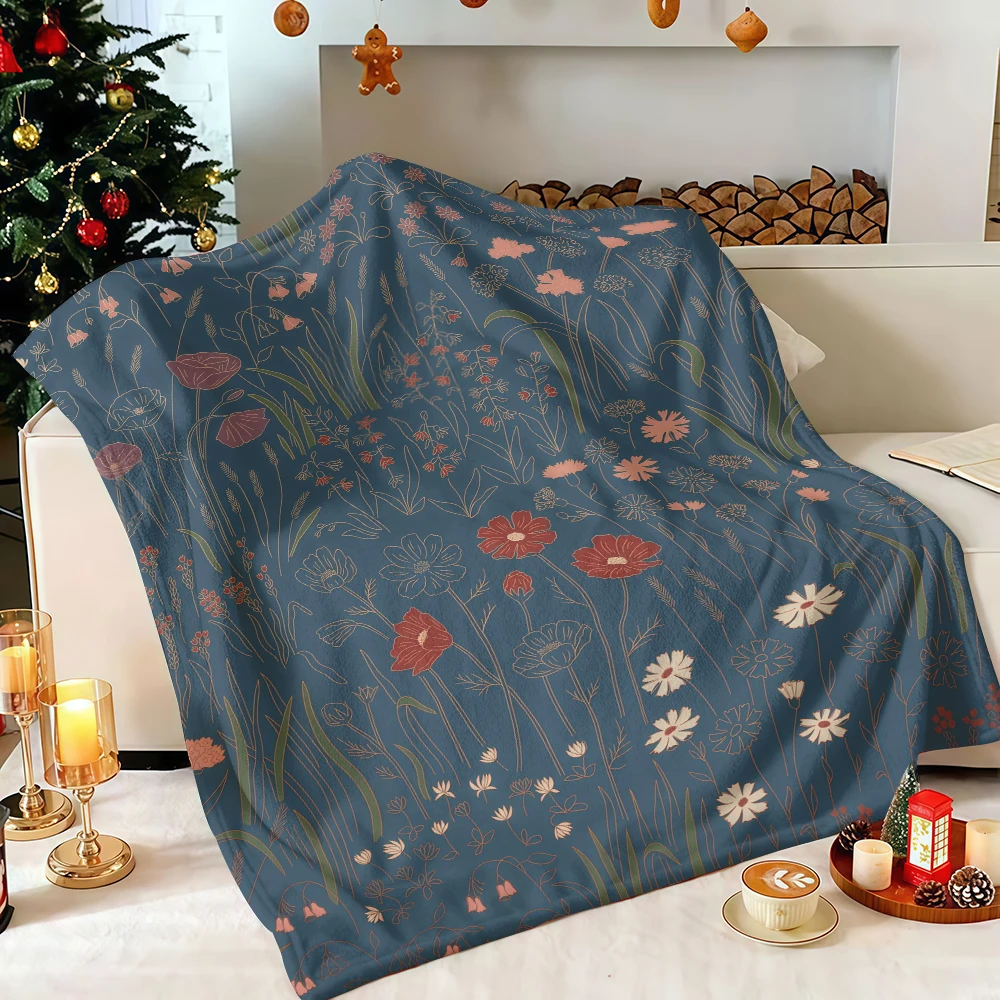 Navy Warm Wildflower Meadow Line Art Flannel Blanket Soft Fuzzy Plush Cozy Warm Throw for Sofa Bed Couch Home Decor