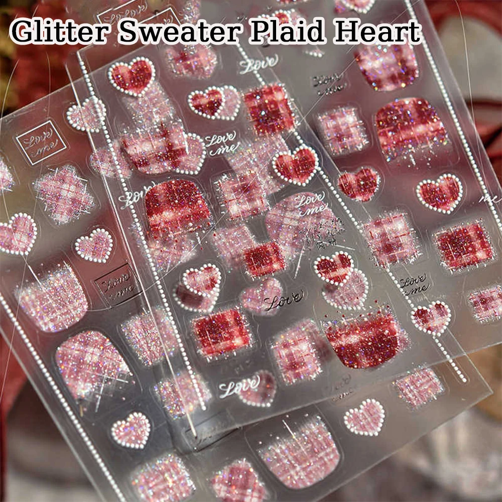

5D Embossed Glitter Sweater Plaid Heart Nail Stickers Valentines Love Heart 5D Pink Wool Plaid Japanese Style Nails Art Supplies