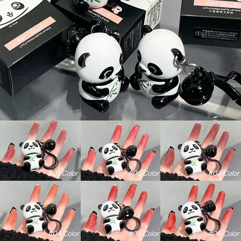 Bonito panda batom veludo fosco lábio-mud hidratante vermelho brilho labial esmalte sexy matiz labial maquiagem pequeno sino chaveiro cosméticos