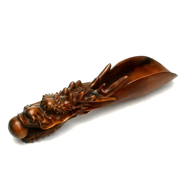 YIZHU CULTUER ART Size 15.8 cm Old Chinese Boxwood Wood Carved Dragon Statue Tea Spoon Gift Collection
