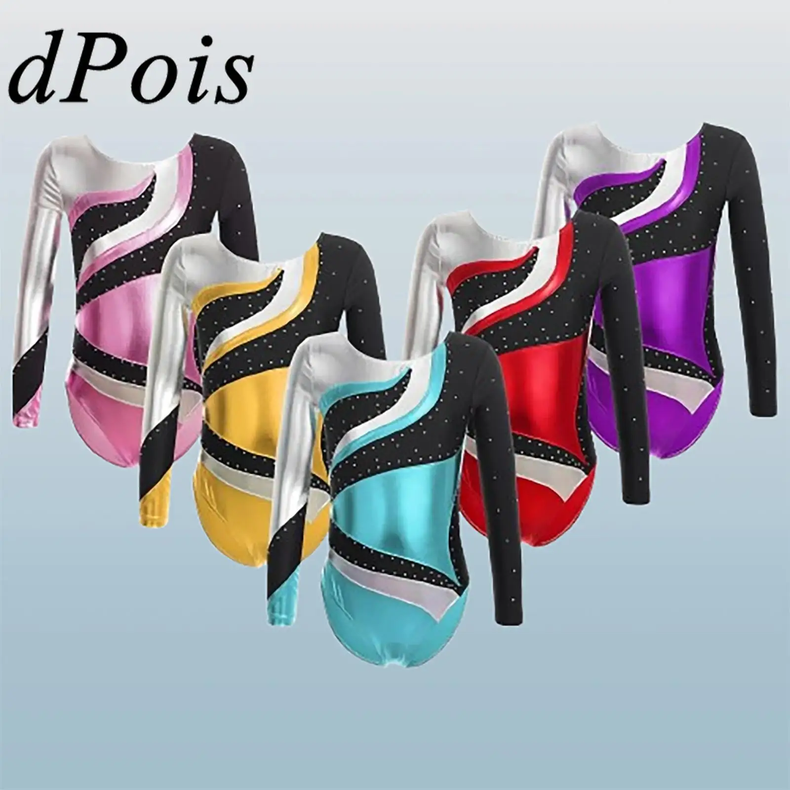 

Kids Girls Long Sleeve Metallic Shiny Rhinestone Figure Skating Bodysuit Contrast Color Ballet Dance Leotard Gymnastics Jumpsuit