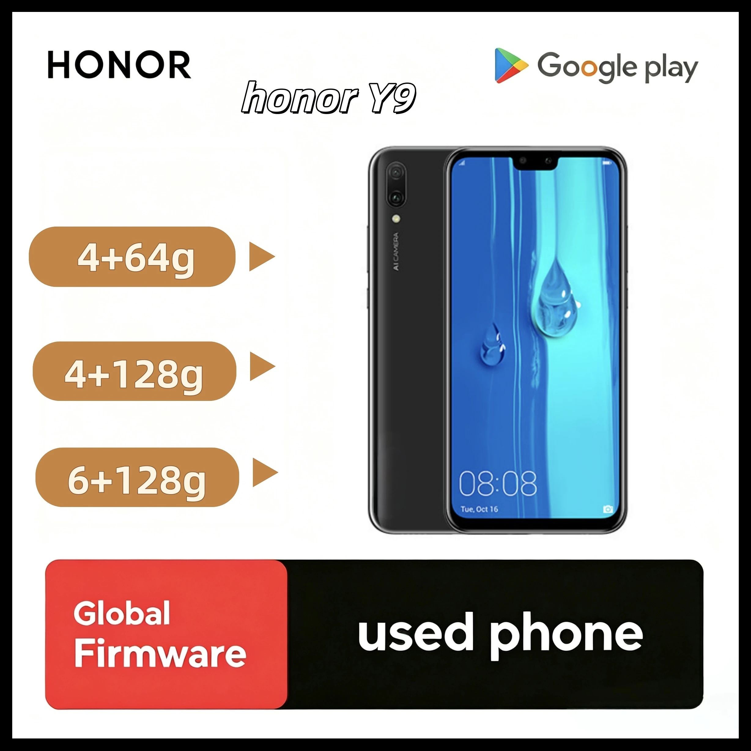 honor Y9 2019 Four Cameras Big 4000mAh Battery Dual SIM Fingerprint Unlocked Cellphone used phone