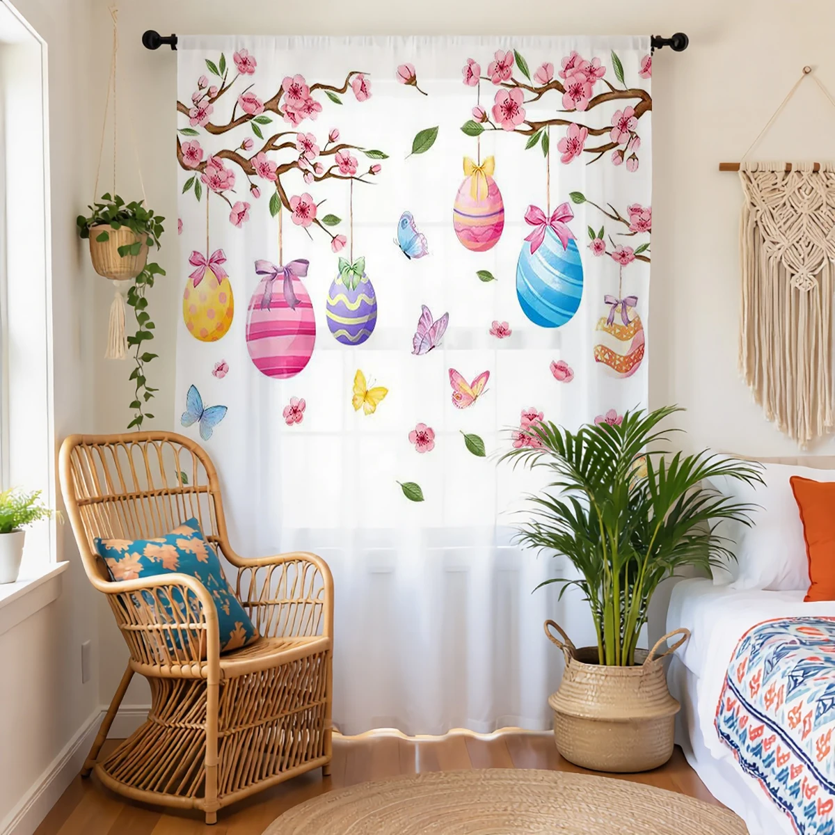 1 PC Easter Themed Semi-Transparent Filter Window Curtain for Children's Room Living Room Bedroom Darkening Rod Pocket Curtain
