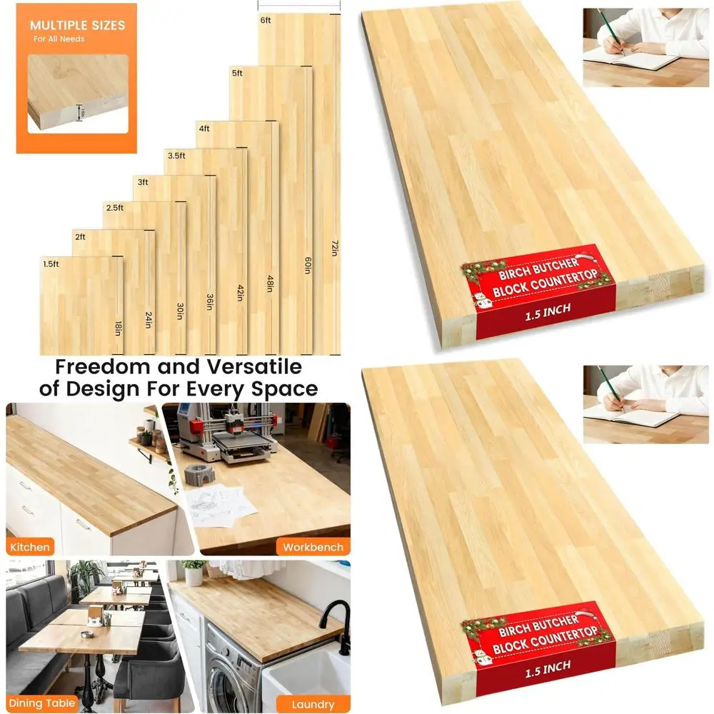 

Unfinished Birch Wood Butcher Block Countertop, 36x25x1.5 in, DIY Workbench, Desk, Kitchen Island, Dining Table