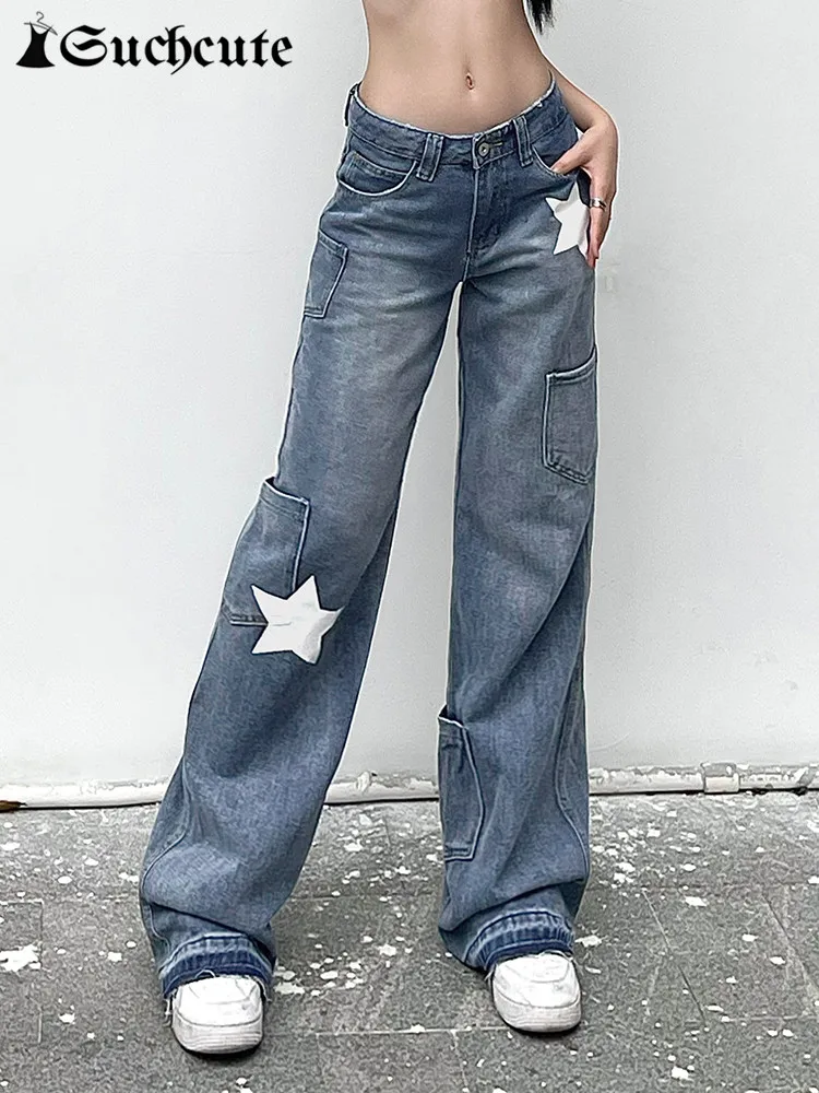 

SUCHCUTE y2k Chic Star Print Jeans Korean Fashion Sweet Hot Pocket Up Baggy Denim Trouser Streetwear Cargo Straight Pants Girls