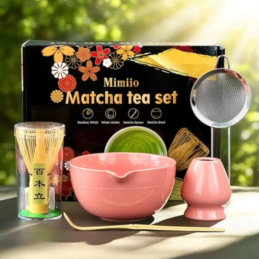 Pink Matcha Whisk Set, 5 Pcs - Pink, Ceramic and Bamboo, Japanese Traditional Matcha, Includes Bowl, Whisk, Holder, Sifter, Sco