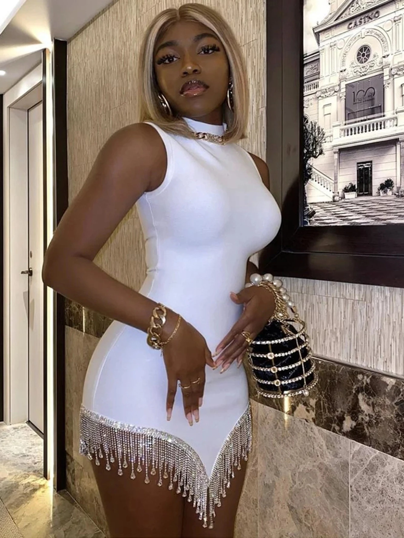 

Fashion Diamond Tassel Women Bandage Dress Sleeveless Bodycon Club Elegant Evening Party Vestidos 2022 Summer Fashion New