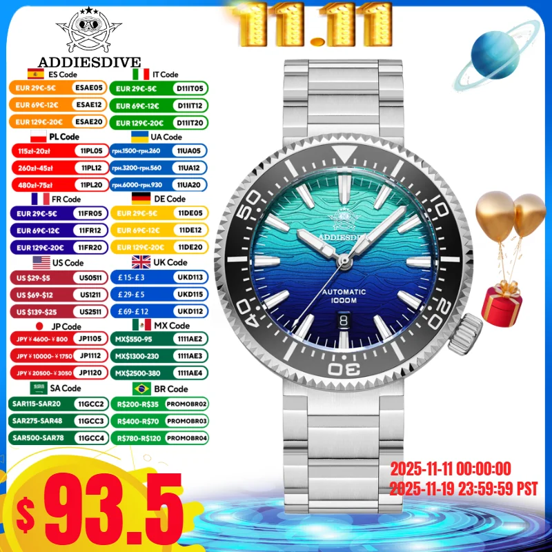 นาฬิกาอัตโนมัติ ADDIESDIVE รุ่น BGW9 หน้าปัดเรืองแสงสีน้ำเงิน กลไก 8215 กันน้ำ 100 บาร์ กระจกแซฟไฟร์ ดีไซน์หญ้า สำหรับผู้ชาย นาฬิกาหรูหรา รุ่น AD2526