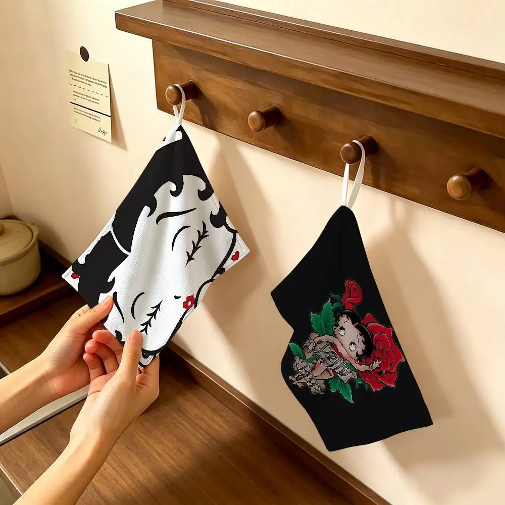 Hot Cartoon B-Betty B-BoopES Polyester Cotton Hanging Kitchen Towel, Skin Friendly Hand Wiping Towel for Hotel Cafe Household