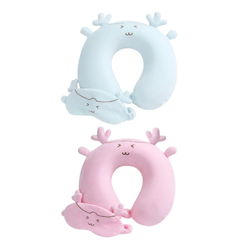 Neck Pillow Cartoon Deer Pattern with Eye Mask for Children Comfortable Memory Foam Washable Neck Support Pillow Cushion