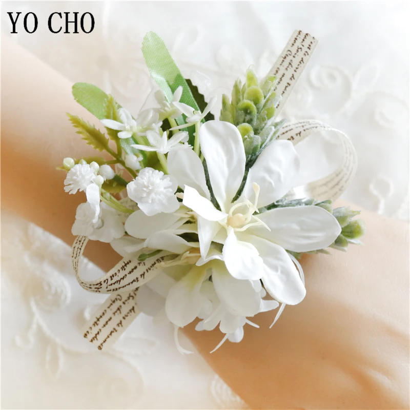 Yo cho pulseira branca, corsage, rosa, flor de seda, com punho, para madrinha, buquê para casamento