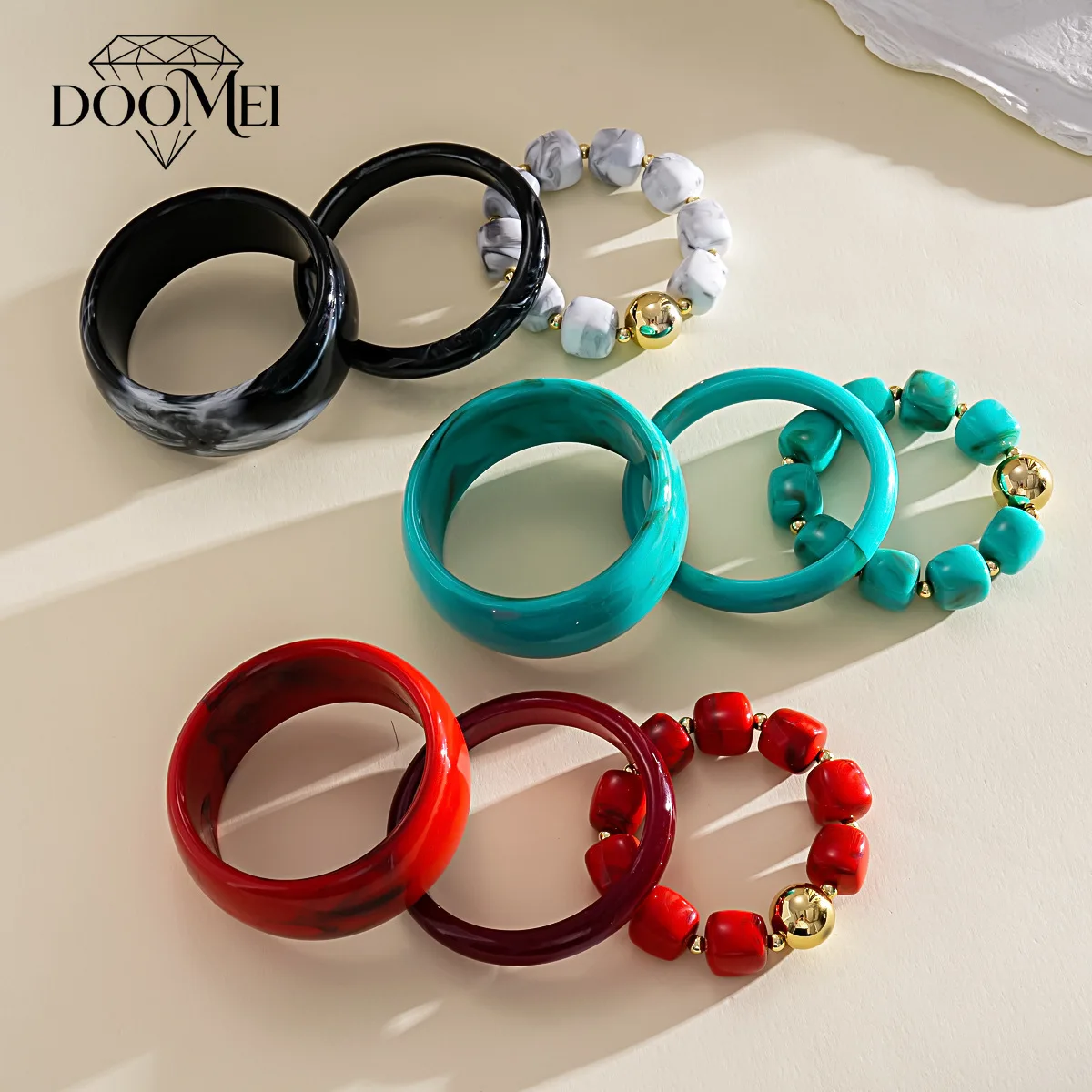 DOO MEI Vintage Marbled Resin Bangle Bracelet Set for Women Chunky Translucent Acrylic Stackable  Vacation Party Fashion Jewelry