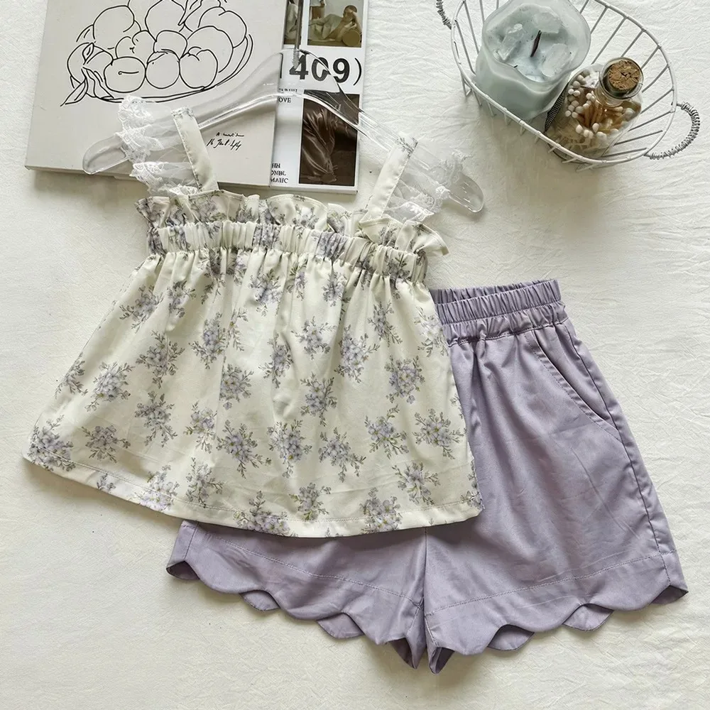 Girls Floral Lace Patchwork Strapless Set Summer New Taro Purple Stylish Wave Ruffle Shorts Two Piece Set
