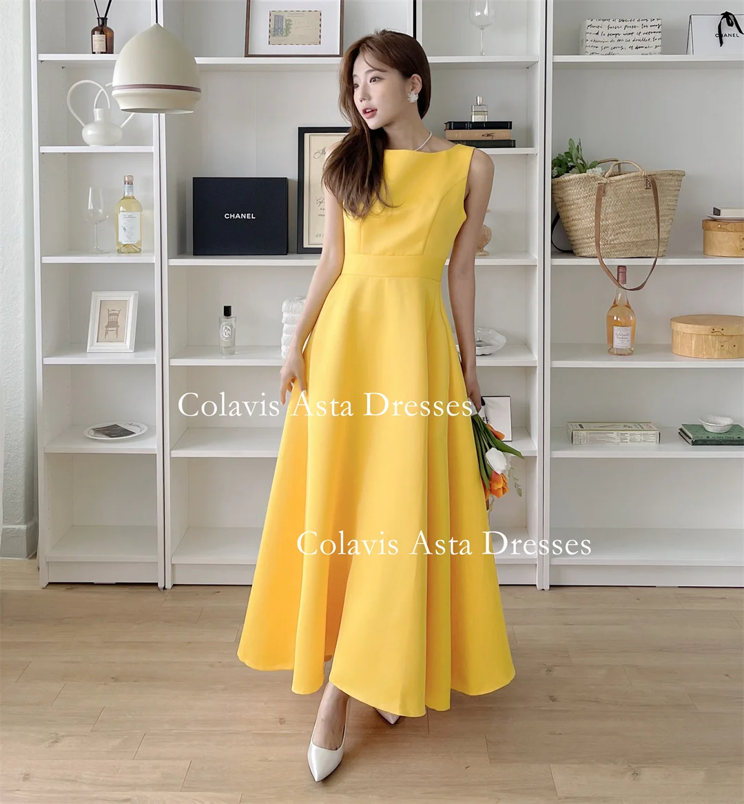 Colavis Asta Korea Boat Neck Evening Dresses 웨딩드레스  Satin Sleeveless Ankle Length Customized A-Line Prom Gowns Plus Size