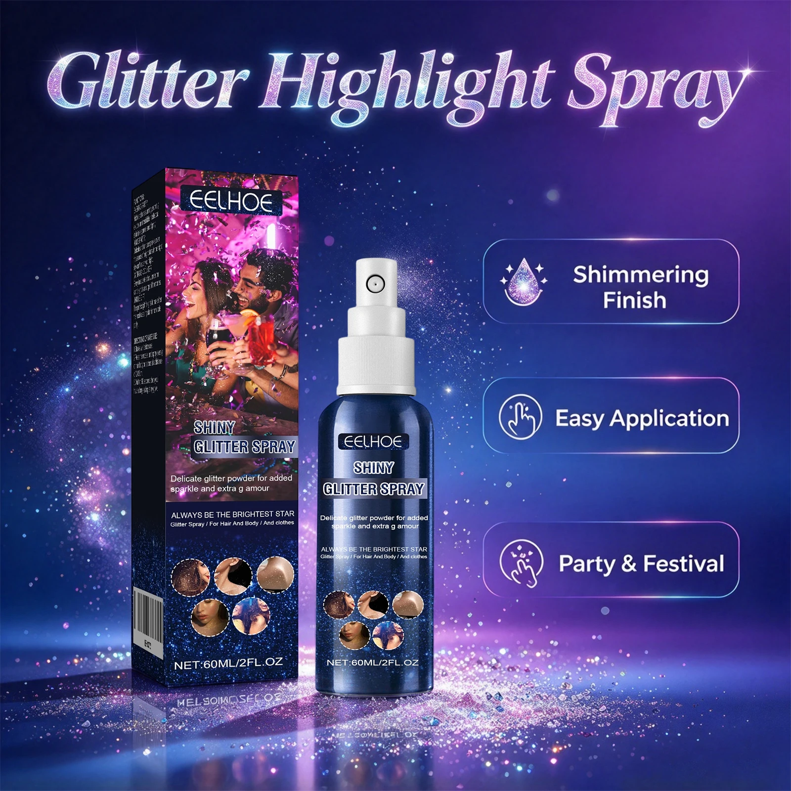 Makeup Glitter Spray Hair Body Shine Powder High Gloss Quick Dry Long Lasting Brighten Sparkle Shimmer Party Silver Glitter Mist