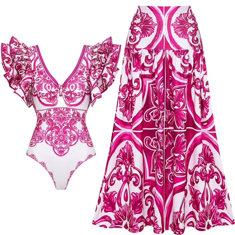Flaxmaker Summer 2025 Women Swimwear Vintage Print One Piece Swimsuit and Skirt or Shorts Ladies Printed Party Bathing Suit