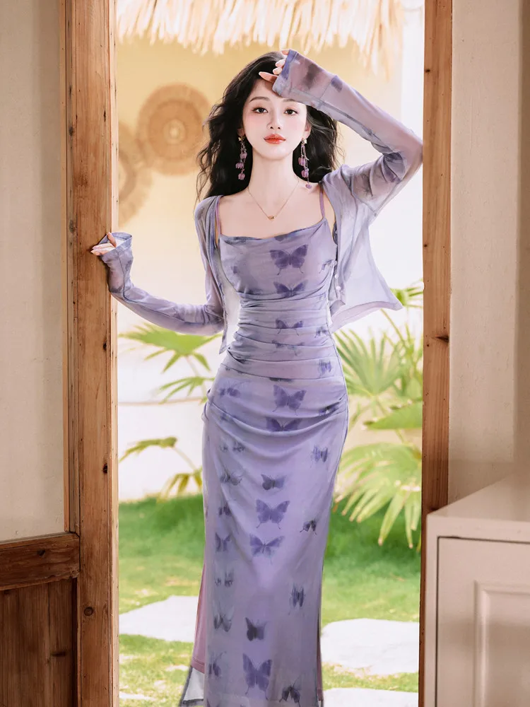 Elegant French Style Belted Waist Two-Piece Set Women's Summer Slimming Dreses Long Sleeve High Waist Net Gown