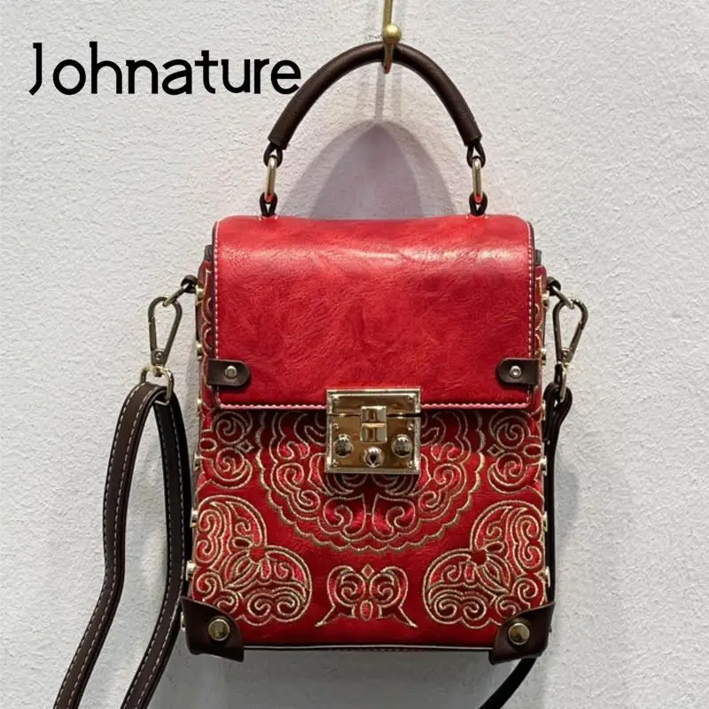 Johnature 2024 New Chinese Style Embroidery Crossbody Bags For Women Vintage Leather Elegant Handbag Versatile Shoulder Bags