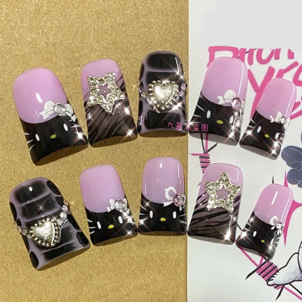 10Pcs Y2K Hello Kitty Long Duck Square Handmade Acrylic Fake Nails Long Coffin Diamond Pentagram Whelk Wearable Fake Nails