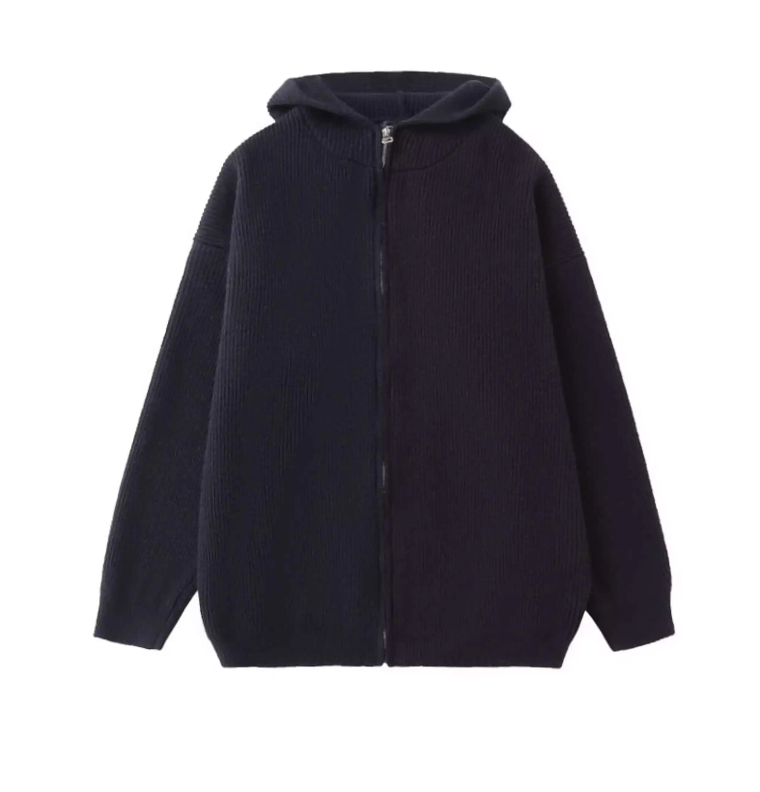 Retro Grey Zipper High Neck Hooded Cardigan Lazy Style Casual European and American Knitted Sweater