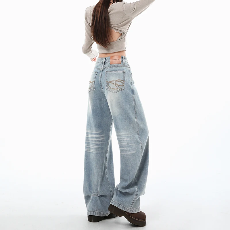 2025 Autumn New High Waist Loose Wide Leg Jeans  Women Y2K Cotton Personalized Design Slim Straight Tube Loose Floor Pants
