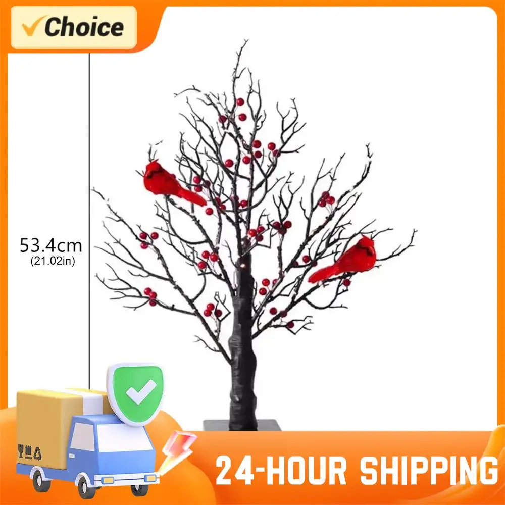 1-2 قطعة شجرة متوهجة خمر مع الكرادلة شجرة الطيور الحمراء ضوء شجرة وميض مصباح ل الطاولة محور عيد الميلاد ديكور المنزل الداخلي #5
