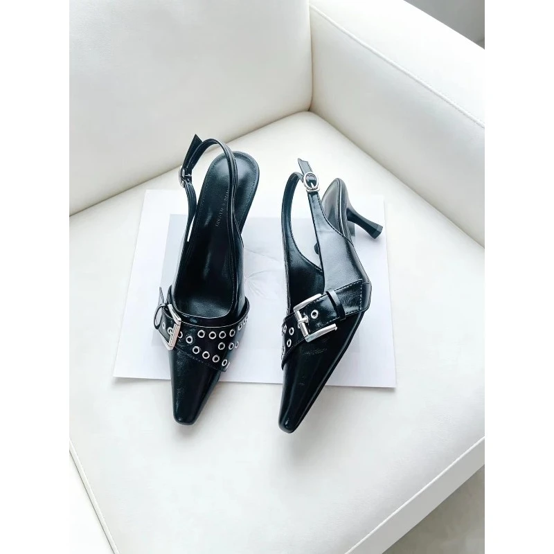 Summer New Black Pointed High Heels Women's Belted Slippers Distressed Semi-Sandals Mid-Century Backless Flat Shoes