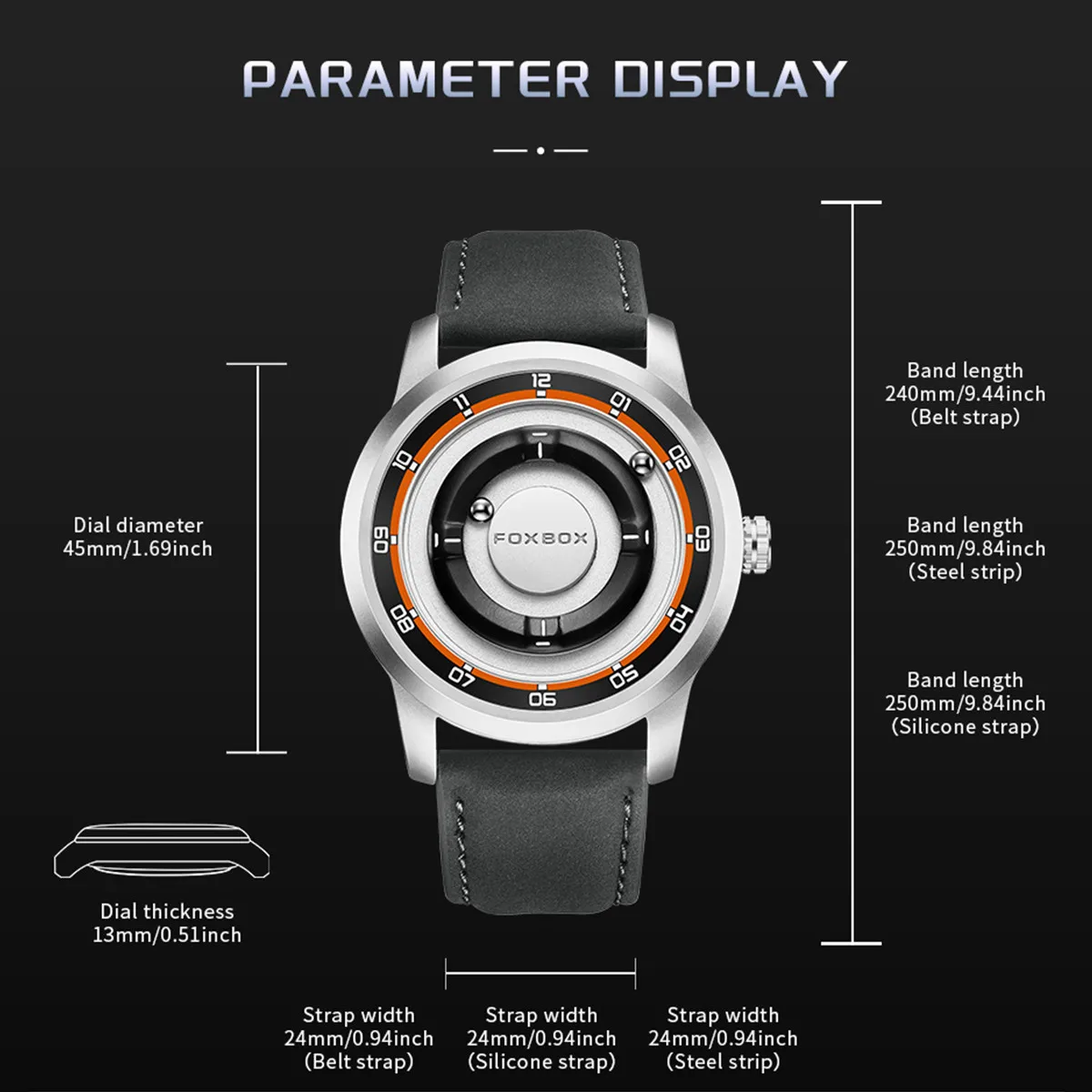 Picture 6: FOXBOX Magnetic Driven Watch Fashion Waterproof Quartz Wristwatch Rolling Steel Ball Pointer Sports Watches Military Clock+Box