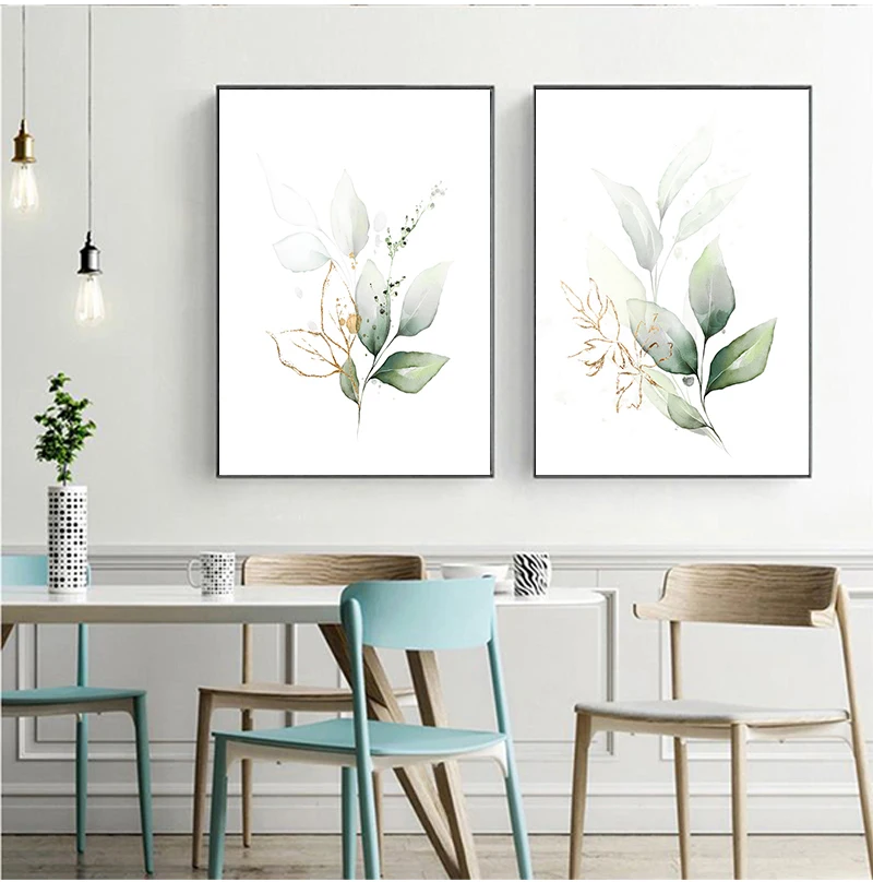 Bohemia Green Leaves Golden Floral Botanical Wall Art Canvas Paintings Poster Print Pictures For Living Room Kitchen Home Decor