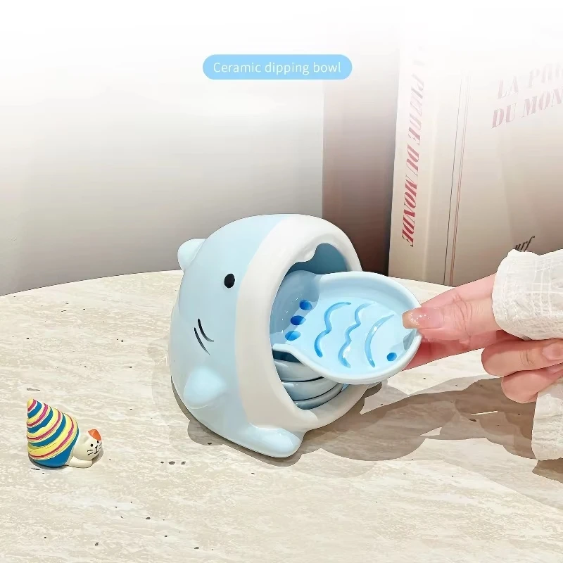 Ceramic Shark Sauce Dish Set Under-glaze Surface Blue Seasoning Dish Cartoon Heat-resistant Flavor Plate Dinning Table