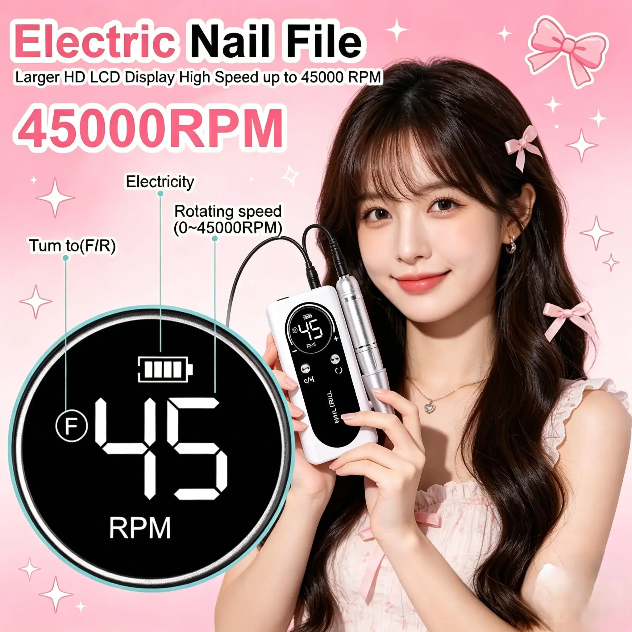 

45000RPM Rechargeable Electric Nail Drill Machine, Low Noise Portable Nail File Sander, Professional Manicure Tool for Salon Use