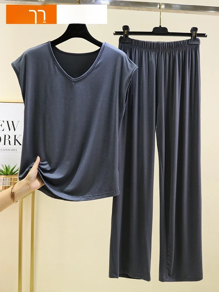 

Loose V-Neck Modal Sleepwear Set Summer Home Clothes Two-Piece Women's plus Size Sleeveless Comfortable Air Conditioning Outfit