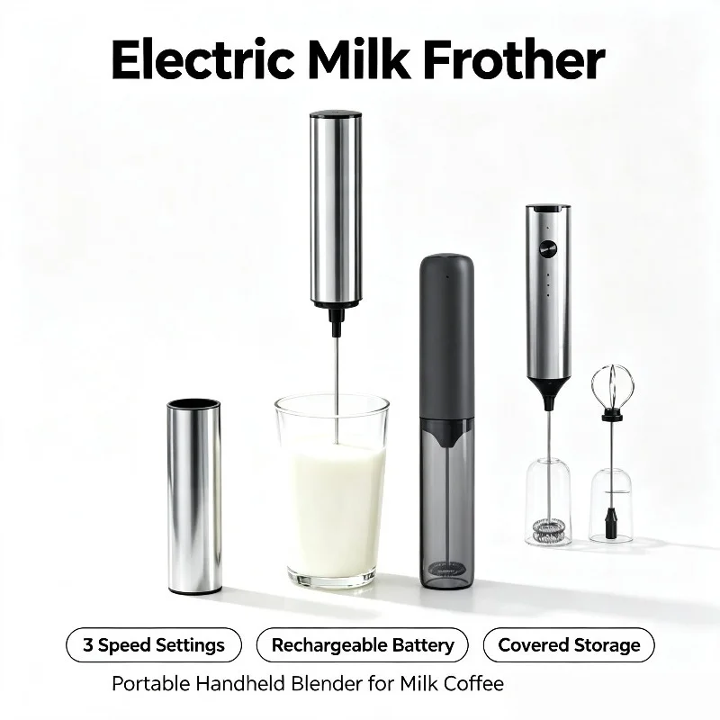 Electric Milk Frother Household 3 Speeds Rechargeable Coffee Blender Covered Storage Handheld Foam Maker for Milk Drink