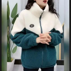 Women Jacket Stand Collar Zipper Lamb Fleece Long Sleeve Mid Length Colored Overcoat Thickening Warm Topcoat  Autumn Winter