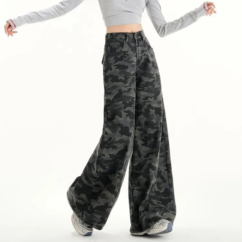 Damesmode camouflage jeans met rechte pijpen meisjes hoge taille baggy cargobroek dame streetwear comfortabele denimbroek