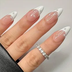 Girls Women 24Pcs/Set Middle Size Water Droplet Shaped French white edged pearl decorative Full Coverage Fake Nails