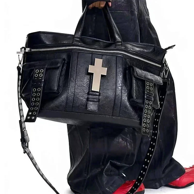 Punk Gothic Crossbody Tote Bag Black Distressed Leather Handbag With Metal Cross Large Capacity Shoulder Bag Unisex Travel Bag