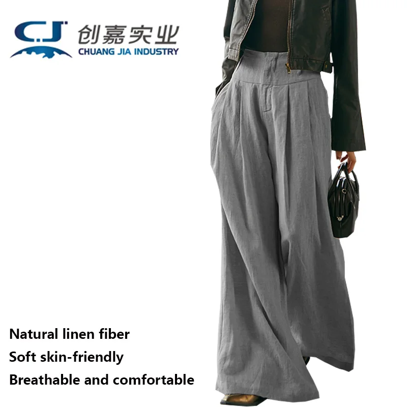 

Natural Pure Linen Women's Pants Gray Wide Leg Pants Loose Large Size Temperament Casual Comfortable Clothing Spring and Autumn