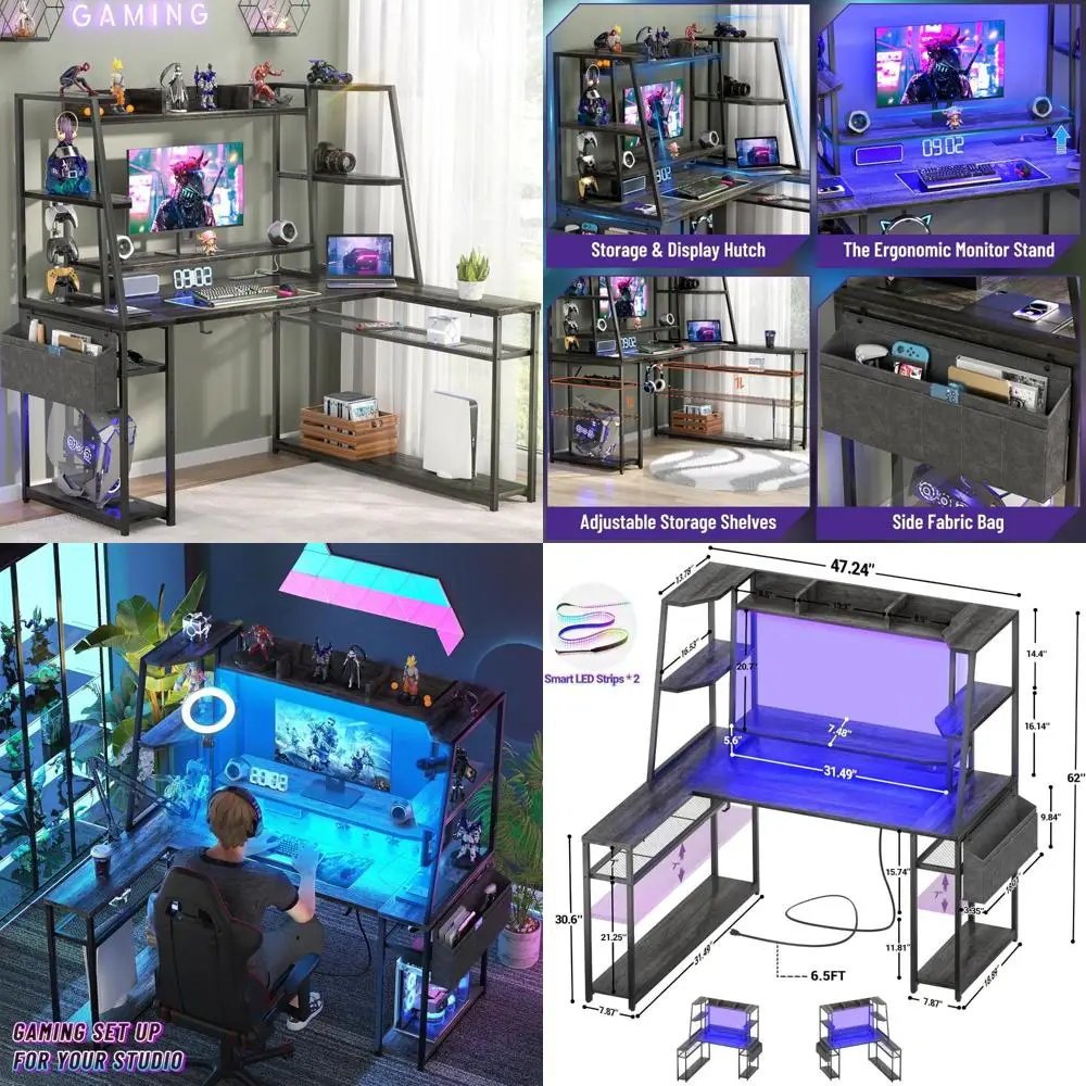 L-Shaped Gaming Desk with Hutch, 47 Inch LED-lit Computer Desk, Storage Included for PC Gaming